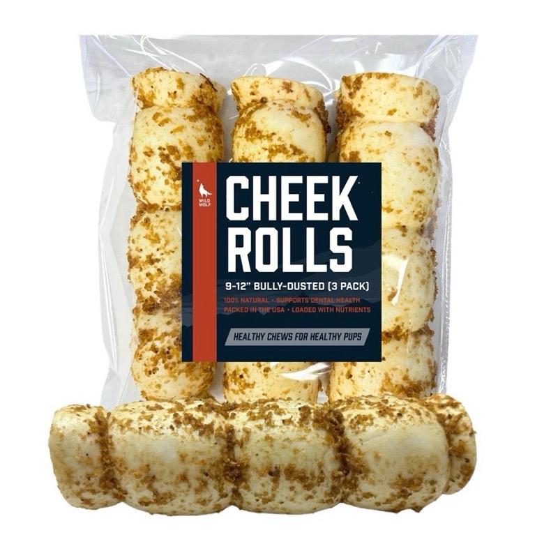 9-12” Bully-Dusted Beef Collagen Cheek Rolls (3 Pack) 100% Natural and Extra-Thick - Long-lasting for Big Dogs and Aggressive Chewers
