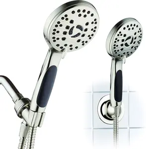 for California - High  6-setting Luxury Handheld Shower , 6 Ft Stainless Steel Hose, Anti Clog Jets, Anti Slip Grip, Top  Brand, Extra Wall Bracket - Brushed Nickel Finish
