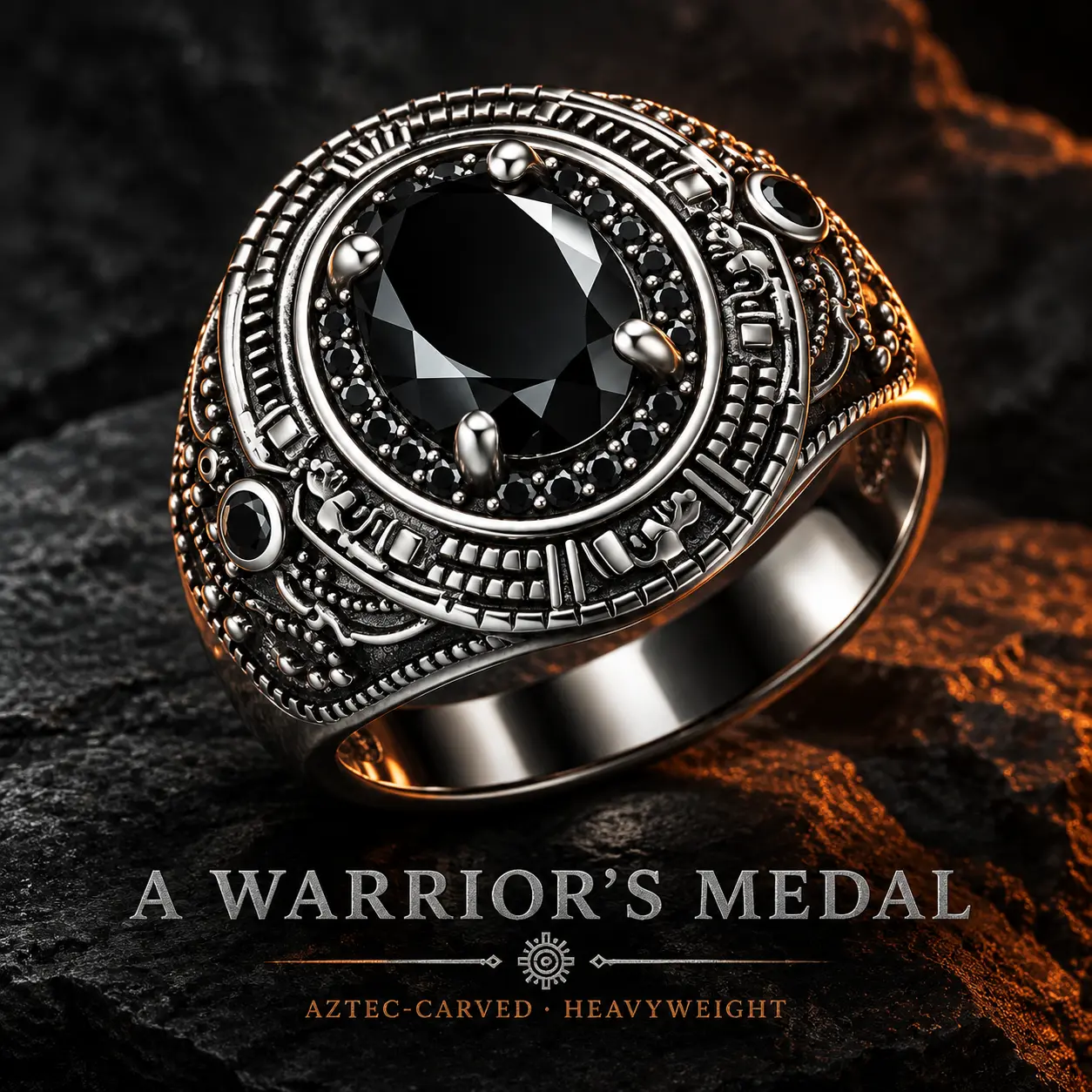 Black Onyx Ring for Men, Aztec Warrior Signet Ring Silver Tone, Gothic Oval Black Stone Ring with Black CZ Pavé, Vintage Tribal Statement Band, Protection Strength Amulet Jewelry, Sizes 7-11