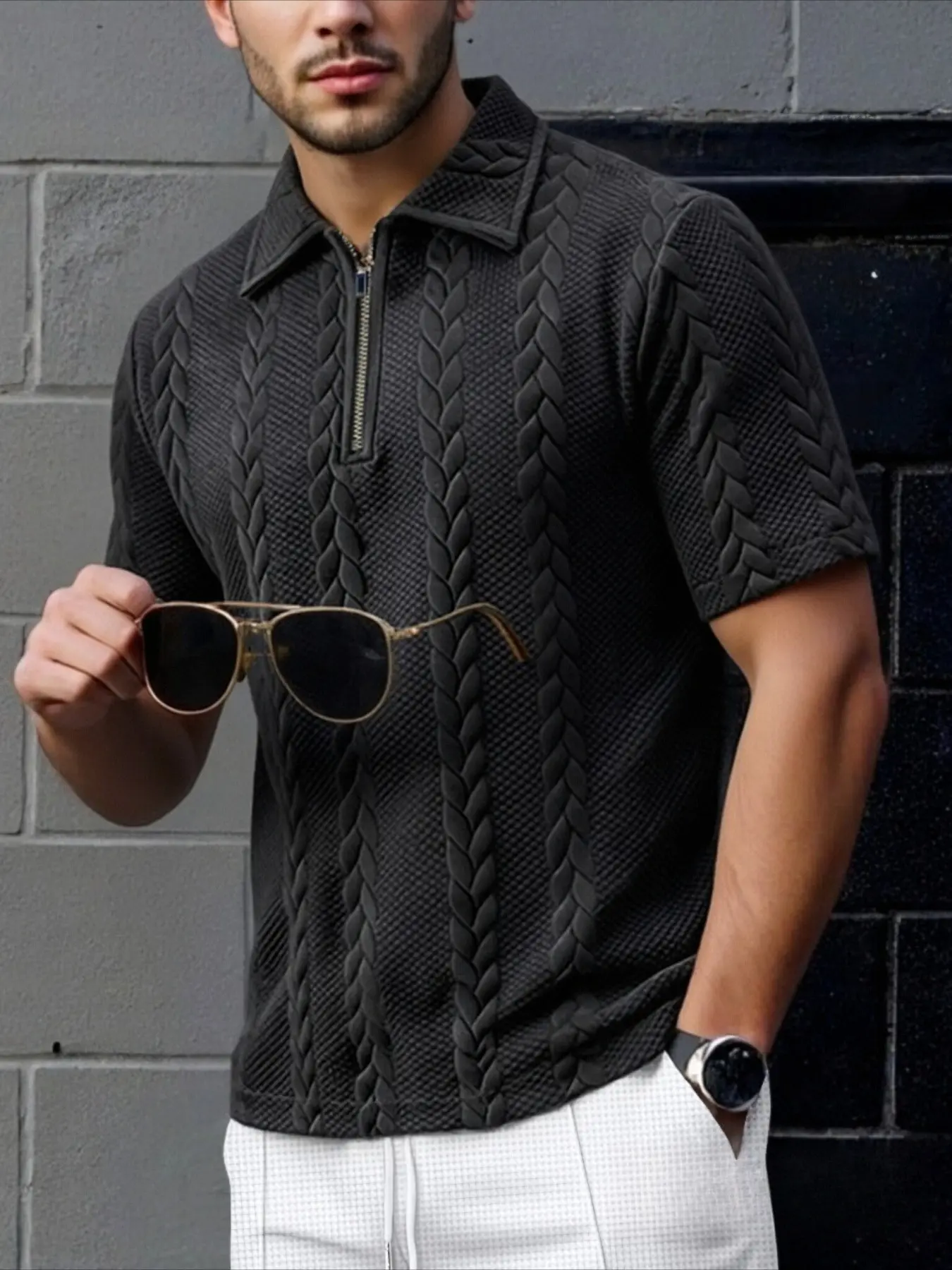 Men's Knitted Short Sleeve Athletic Polo Sweater with Zipper Half Open Collar, Striped Design for Outdoor Sports & Casual Wear, Stylish Street Essential, Streetwear Polo Shirt, Knitted Polo Shirt, Collared Polo, Tops, Menswear
