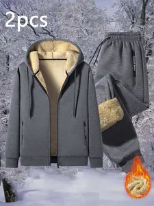 Men's Winter Fleece Lined Hooded Zipper Jacket Set, Casual Fashion Thickened Long Pants, Tracksuit Sets, Warm Daily Wear for Outdoor Sports