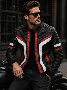 Men's Vintage Racing Leather Jacket, Patchwork Pattern, Motorcycle Outerwear, Stylish Retro Design, Perfect for Riders