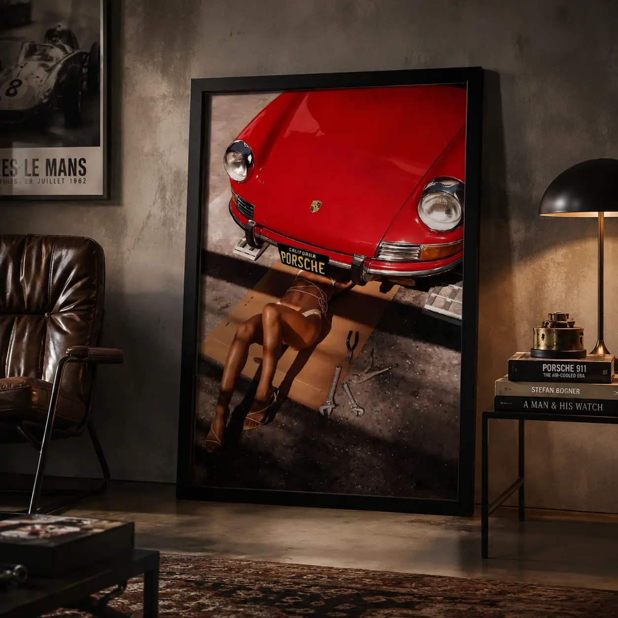 Vintage Red Porsche 911 with Woman Mechanic Canvas Art Print - Artistic Vintage Prints, Home Wall Art, Wall Picture Decor, Retro California Car Culture Decoration for Living Room Garage