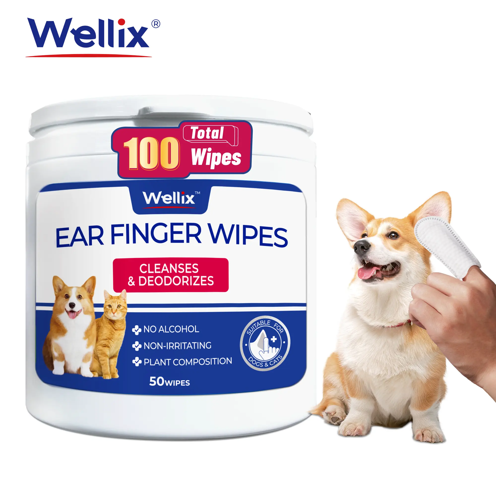 Wellix Ear Finger Wipes for Dogs & Cats Chamomile & Silver Ion 100Ct Odor & Earwax Remover Gentle Daily Care for Healthy Ears - Grooming