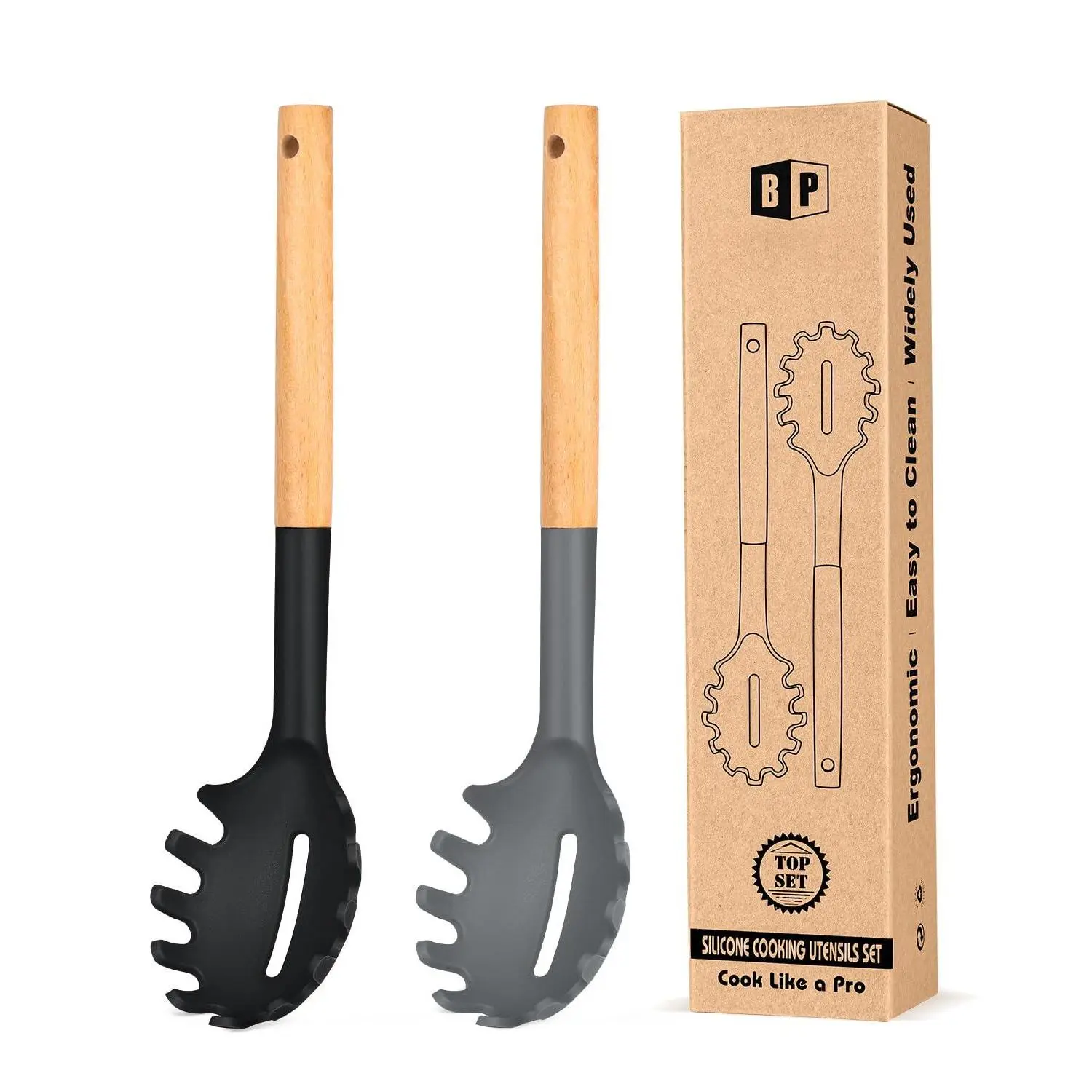 Pack Of 2 Spaghetti Spoon  Silicone Pasta With Wooden Handle Heat Resistant Noodle Server Bpa Free Strainer(black-gray)