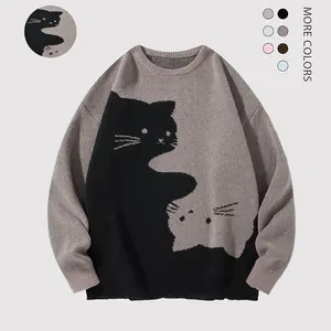Love Love Men's Cartoon Cat Jacquard Round Neck Sweater Loose Casual Long Sleeve Knitted Sweater Autumn/Winter Fashion Men's Knitted Sweater Daily Wearing Pullover Top Same Style for Men and Women Party Weekend Leisure Halloween Academy Style Work