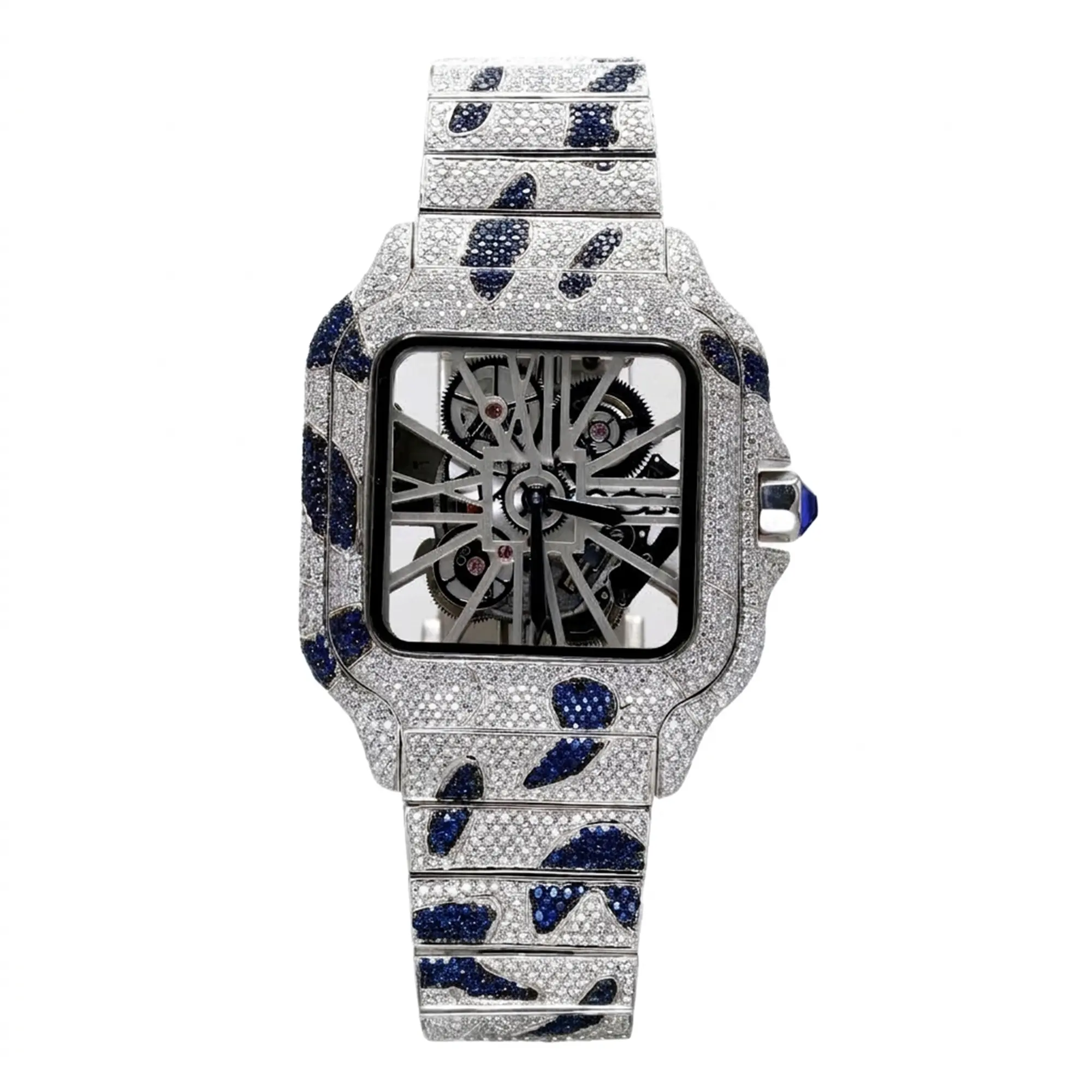 Men's Luxury 11-Carat Pave CZ Iced-Out Skeleton Square Open-Work Dial Automatic Watch - Blue Crystal Stainless Steel Bracelet, Male Hip-Hop Camo Designer Party Wear Mechanical Wrist Watch