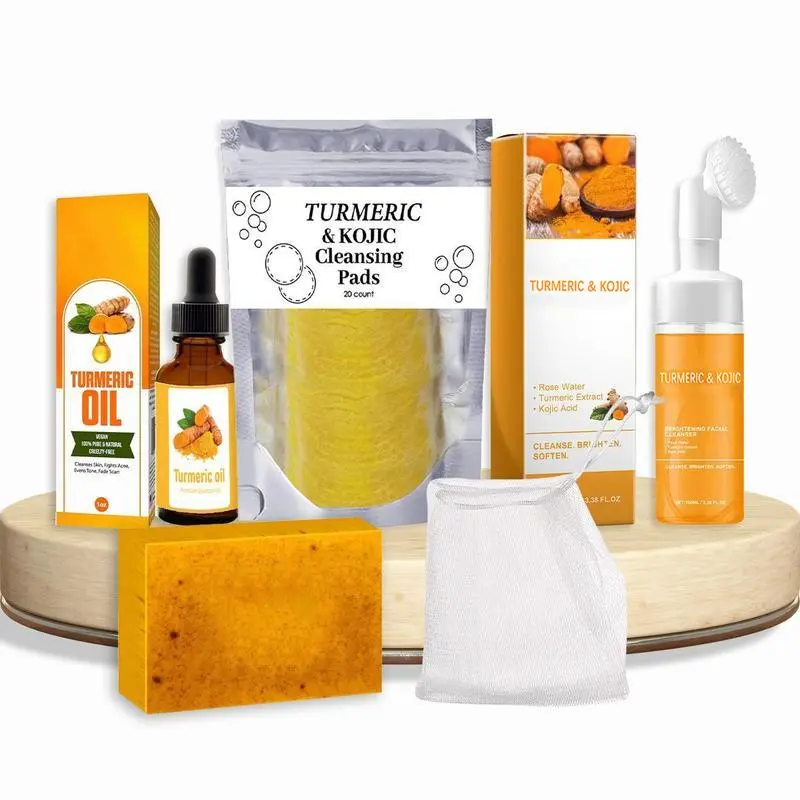 Turmeric Soap & Essential Oil Set,Including 1 Counts Turmeric Soap &1 Counts Essential Oil & 1 Counts Soap dish, Daily Skin Care Set forMen & Women Turmeric 6-Piece Skin Care Kit summervibes
