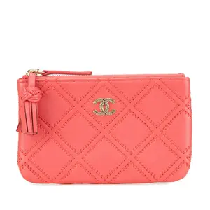 Pre-owned CHANEL Lambskin Small Leather Goods Matelasse Pouch