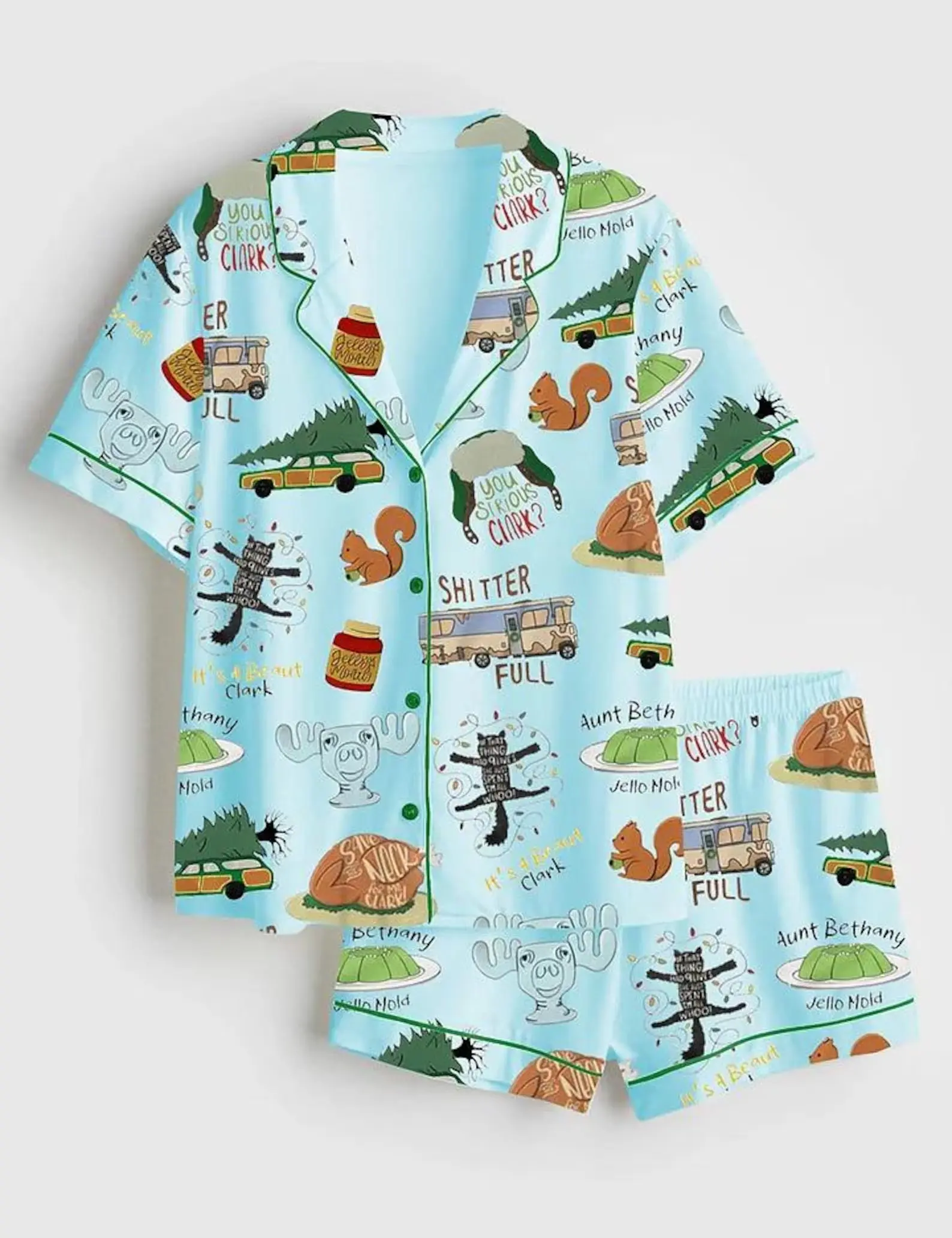 Women's Funny Christmas Movie Quote Pajama Set Family Road Trip Squirrel Tree Print Short Sleeve Button Down Shirt Shorts Holiday Sleepwear Loose Comfy Loungewear Xmas Gift