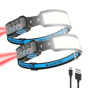Smiling Shark Headlamp, Head Lamp Led Rechargeable 6 Modes 7*White Lights 270° Lighting Width Motion Sensor Red Tail Light for Camping Fishing Running Repairation, LED-Headlamp-Rechargeable-Light