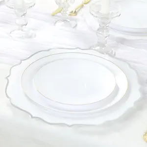 10-Pack Economy Plastic Round Charger Plates 13" in White with Silver Scalloped Rim, Decorative Dinner Party Serving Plates
