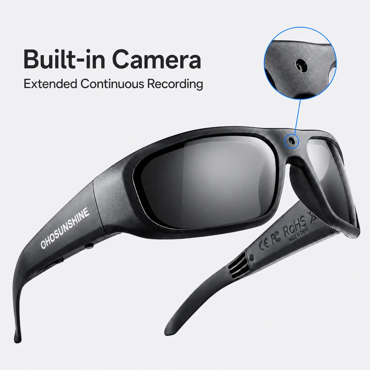 OhO Sunshine Vidsoul Full HD 1080P POV Smart Glasses Sunglasses - Unisex Adult Hands-Free Wearable Video Camera, No Bluetooth, Affordable Digital Recording Glasses with UV400 Lenses for Outdoor Sports