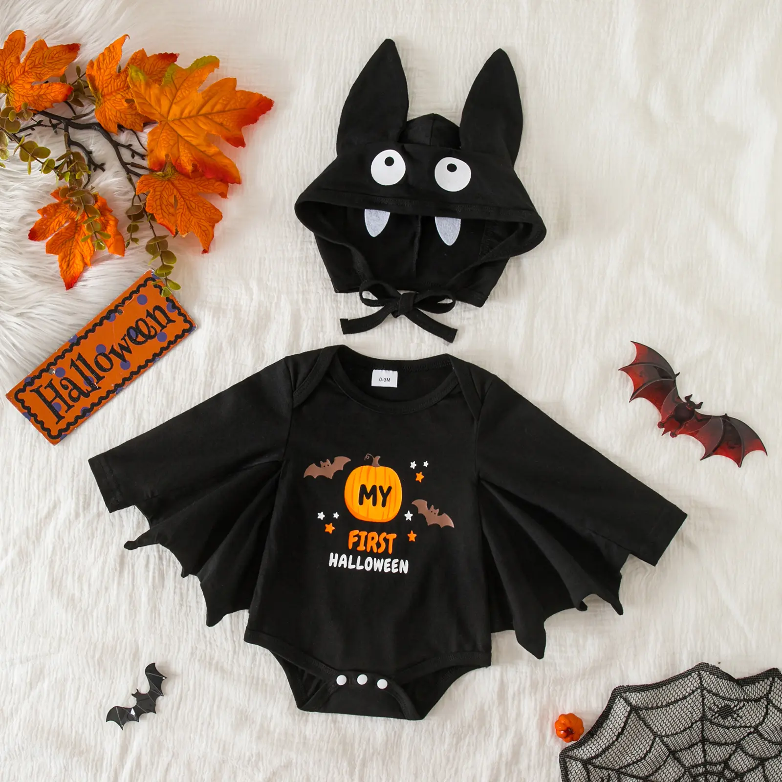 Newborn Baby Boy 1st Halloween Bat Costume, Black Long-Sleeve Bodysuit Romper With Hat, Pumpkin-Themed Outfit