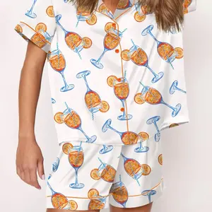 Sheshow Aperol Spritz Pajama Set with Cocktail Print Short Sleeve Top and Matching Shorts for Cozy Nights