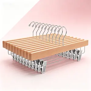 Amber Home 10 Pack Wooden Pants Hangers with Clips, 14" Natural Wood Skirt & Trouser Hangers, Closet Hangers for Jeans, Slacks, Shorts, with 2-Adjustable Clips (Natural, 10)