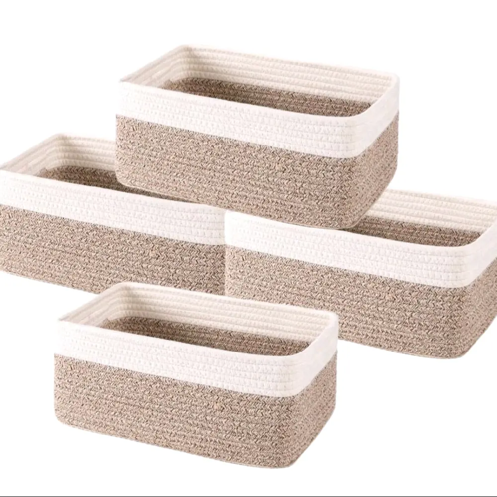 4-Pack Cotton Rope Storage Baskets, Rectangle Baskets with Handles, Nursery & Bathroom Organizer