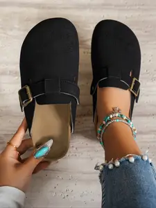 Women's Birkken Style Slip-On Sandals, Fashion Round Toe Design, Faux Suede Material, Metal Buckle Strap, Soft Cork Insole, Rubber Sole