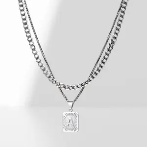 Layered Necklace A-Z Letters Silvery Charm Pendant Necklaces Square Capital Stainless Steel Letter Necklace Unisex Alphabet Jewely