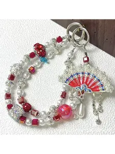 Colorful folding fan with heavy-duty rhinestone balls, full rhinestone phone chain, beaded heavy-duty luxury chain, trendy hot-selling bag chain