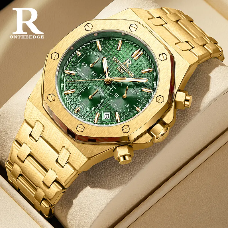 G-G-126 ONTHEEDGE Men's Luxury Classic Luminous Analog Quartz Watch - Round Stainless Steel Wristwatch, 30M - 50M Waterproof, Date Feature, Integrated Design, Exquisite Business Fashion Accessory, Male Gift