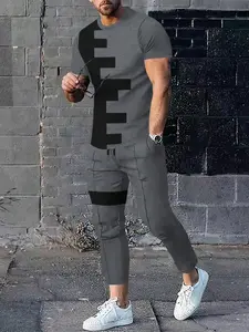 Two Counts Men's Patchwork Colorblock Print Pocket Pants Set, Casual Short Sleeve Tee & Drawstring Waist Pants, Men's 2 Piece Set, Fashion Men's Outfits For Summer, Clothing