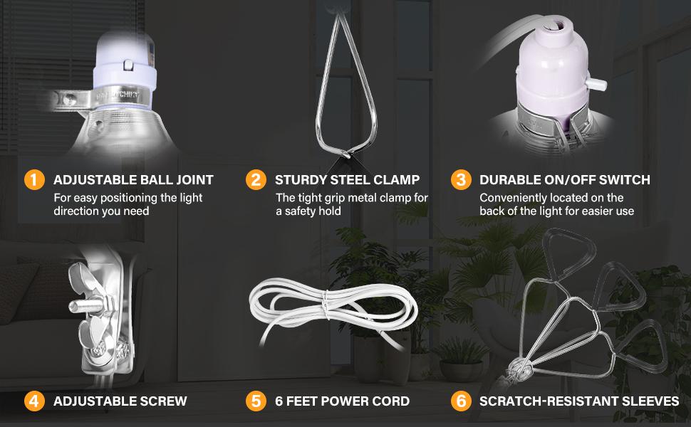 Simple Deluxe 150W Clamp Lamp Light with 8.5" Aluminum Reflector, 6ft Cord, No Bulb Included, Heavy Duty Clip Light for Workshop, Garage, Plant Grow Light, 2 Pack, White
