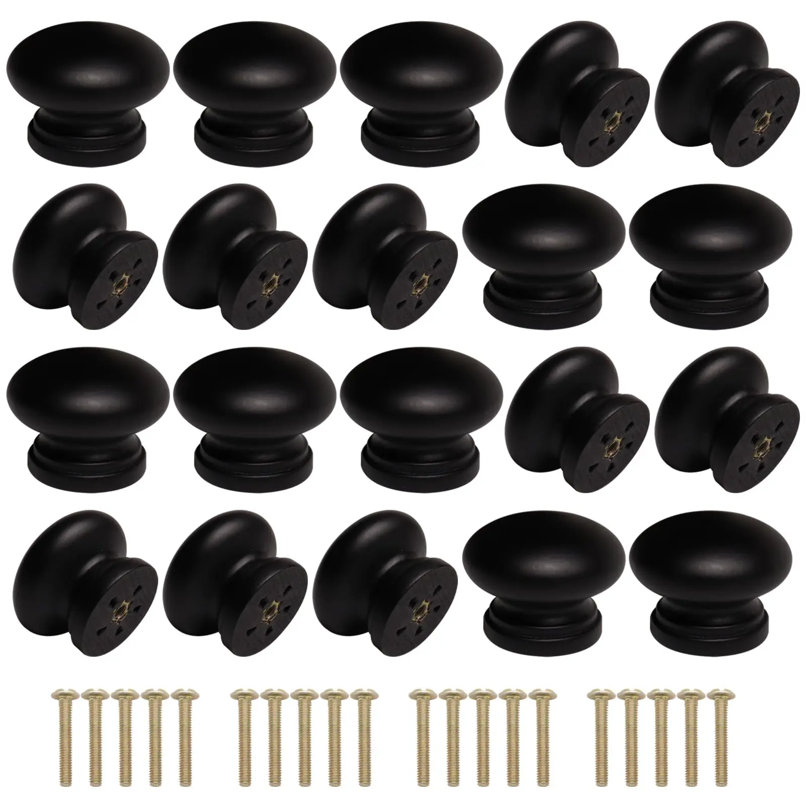 Wooden Cabinet Knobs 20Pcs  Black Dresser Wood Mushroom Drawer Pulls Handles with Screws (Diameter :1.3 inches Height :1 inch)