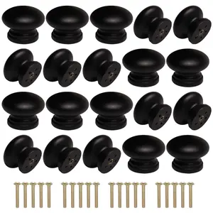 Wooden Cabinet Knobs 20Pcs  Black Dresser Wood Mushroom Drawer Pulls Handles with Screws (Diameter :1.3 inches Height :1 inch)