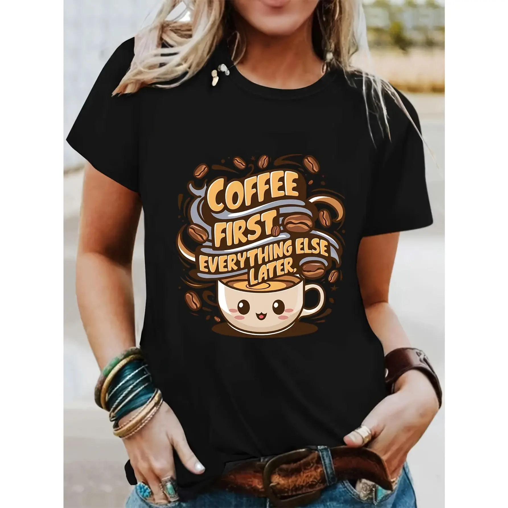 Lady's Graphic Print Short-Sleeve Crewneck T-Shirt - Light, Relaxed-Fit Everyday Piece in Comfy Spandex Blend, Top, Shortsleeve, Pullover
