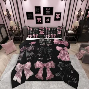 Feelyou Black and Pink Watercolor Bow Comforter Set - Coquette Bedding for Girls, Cute Lace Bowknot Duvet Insert