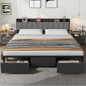 King Size Bed Frame with Headboard,Industrial Full Platform Bed with 2 Storage Drawers and Charging Station,No Box Spring Needed Noise Free,Black