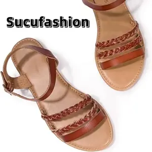 Women's Summer Strappy Flat Sandals with Adjustable Buckle, Soft PU Straps, Open Toe, TPR Outsole, Classic Style, Satisfaction Guaranteed - Girl