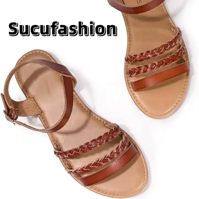 Women's Summer Strappy Flat Sandals with Adjustable Buckle, Soft PU Straps, Open Toe, TPR Outsole, Classic Style, Satisfaction Guaranteed - Girl