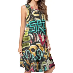 Street Music Graffiti Hip Hop Print Sleeveless Midi Dress Y2K Summer Swing Dress Casual Womenswear Full-Frame Printing Breathable Soft Comfortable tea length