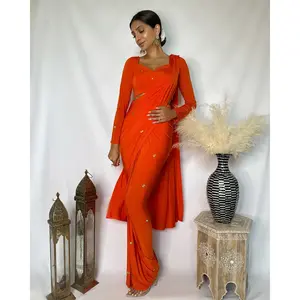 5 Second Sari ™ Orange - Pre-Stitched Saffron Wrap Sari with Gold Sequin Embroidery & Mirror Tassels, No Petticoat Needed, Adjustable Belt, Lycra, Size Up