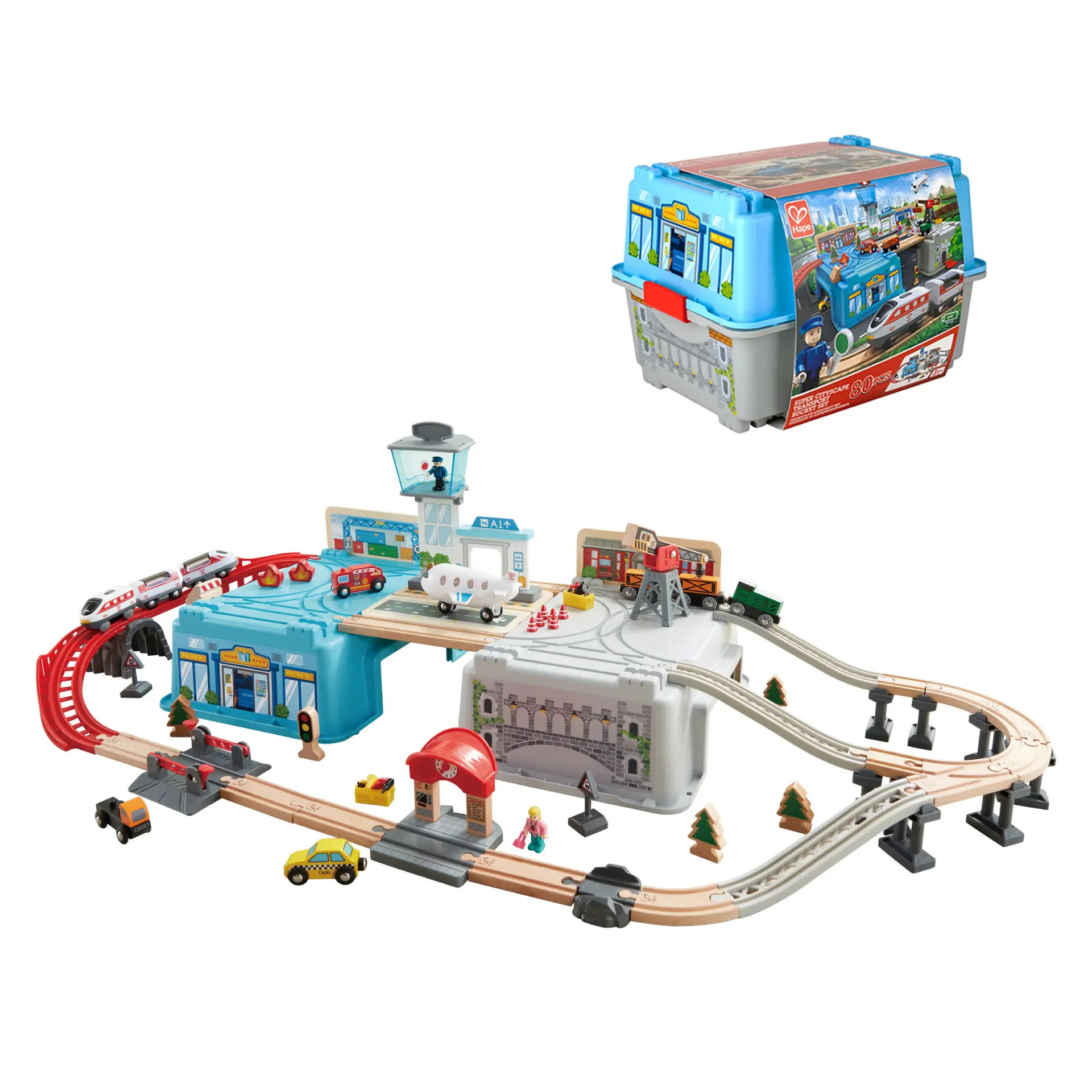 Hape Mega City Bucket Set, 80-Piece Building Toy with Battery-Powered Engine, Develops Creativity, Enhances Social Skills, Improves Oral Ability, 23.6x11.8x28.9in, Requires 2xAAA Batteries