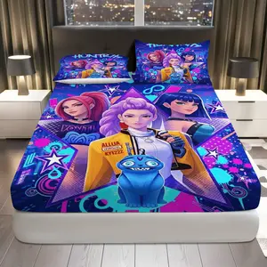 3Pcs Futuristic  Character Fitted sheet Three Piece Set (1*Fitted Sheet+2*Pillowcases, Coreless), Gaming theme, Colorful Bedding Set, Breathable Sheets, Mattress protector Soft, Breathable