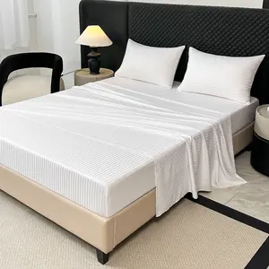 4pcs White Hotel Vertical Stripes Bedding Set, Includes Flat Sheet, Fitted Sheet & 2Pillowcases, Deep Pocket 30cm, Single Double Queen King Super King Bed Sheet set Soft & Comfortable, All-Season Use, Soft Breathable Sheet