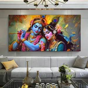 1 Canvas Painting with Wood Frame - Modern Krishna and Radha Statue Art - Gorgeous Hindu God Detail Painting, Religious Home Decor |   Modern Religious Art, Indian Style Home Decor, Large Canvas Wall Art for Room, Bedroom, Living Room, Office Decoration A