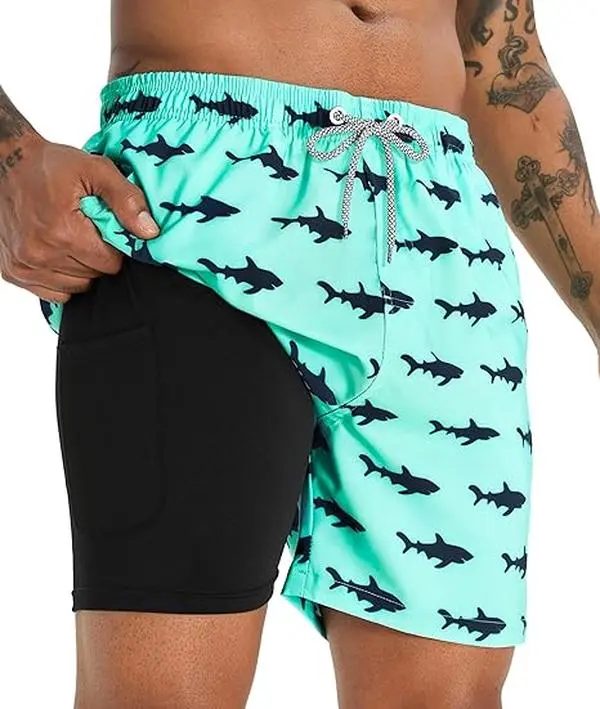 APTRO Men's 5-Inch 2-in-1 Swim Trunks, Graphic Print Board Shorts with Compression Liner & Velcro Pocket, Lightweight Fit UV Protective for Male Water Sports, Animal Print, 1 Back Flap Pocket, 1 Liner Pocket, 2 Slanted Pockets
