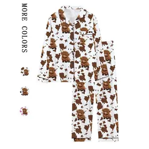 Women’s and teen girls’ Highland-print denim sleepwear set, autumn–winter long-sleeve top and long pants loungewear, comfortable and cute GARMENTARY