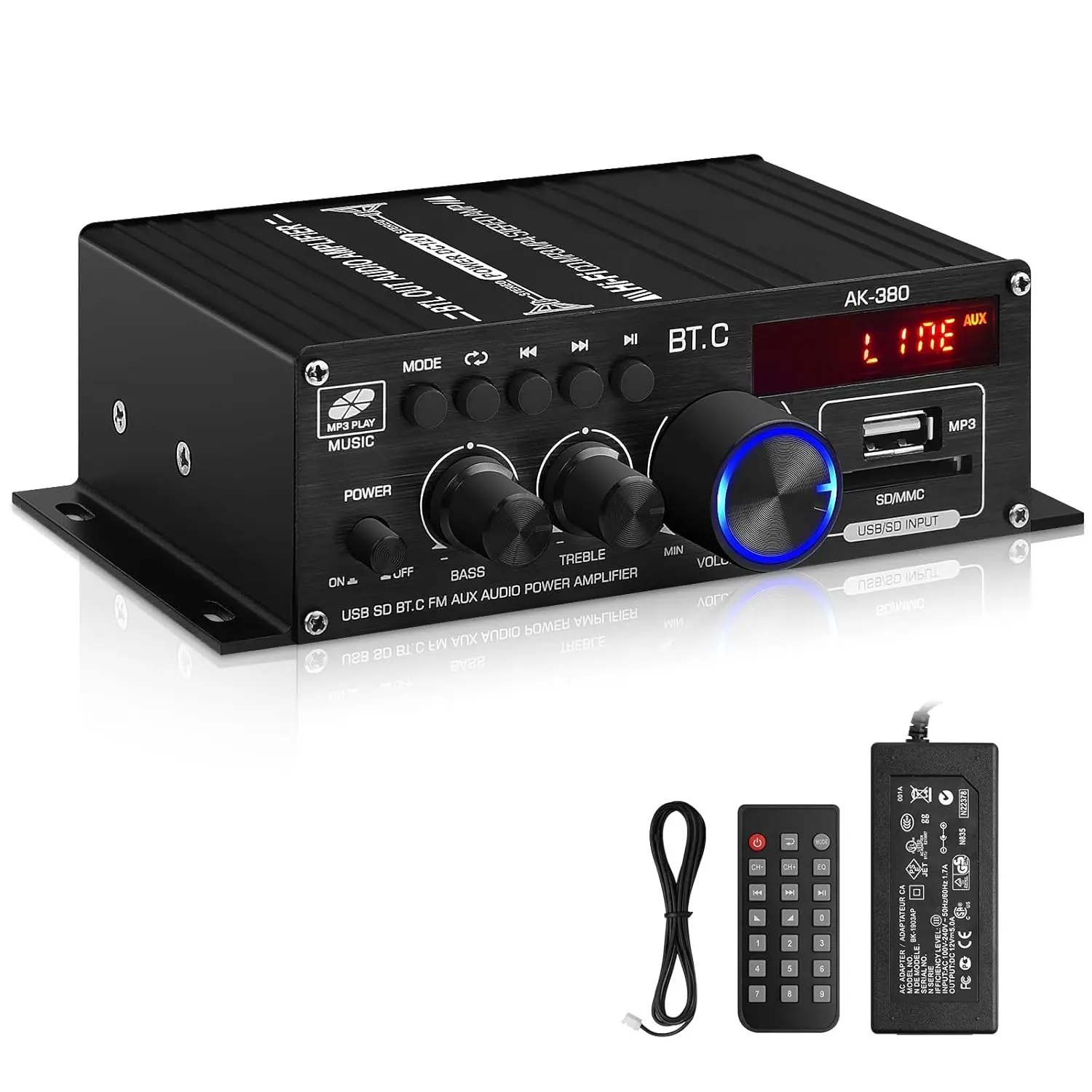 -380 USB SD BT.C FM AUX Audio Power Amplifier 400W+400W 2.0 CH HiFi Stereo AMP Speaker  5.0 Amp Receiver with 12V 5A Power ,FM Antenna for   Bar Party