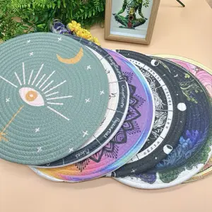 Polainco Boho Mystic Round Tapestry Mat - Mandala Evil Eye & Moon Phase Decorative Woven Rugs for Altar Meditation or Home Décor