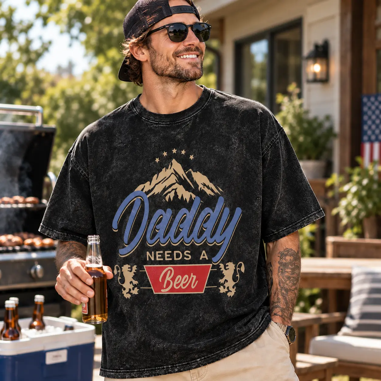 Daddy Needs A Beer Men’s Vintage Washed Graphic Tee - Funny Dad Shirt, 230G Heavy Cotton Casual T-Shirt