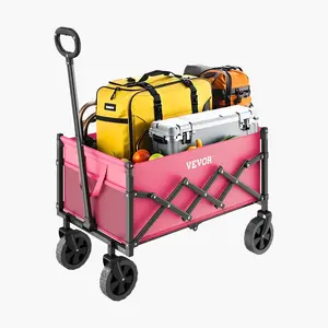 【fathersdaygift】VEVOR Pink Collapsible Wagon Carts, 120L & 225LBS Folding Wagons with All-Terrain Wheels, Heavy Duty Outdoor Utility Cart with Adjustable Handle, Portable Camping Cart for Beach Grocery Garden