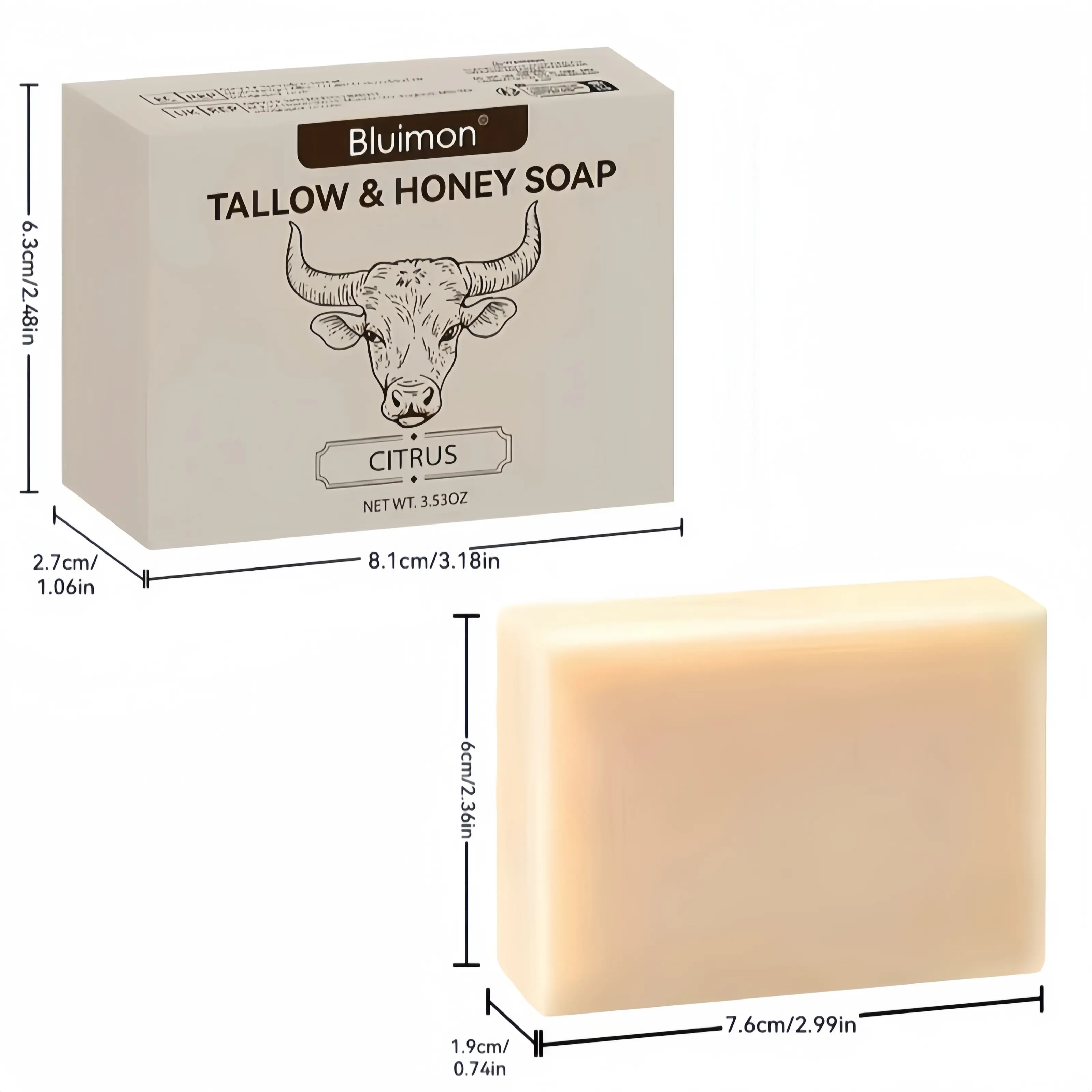 Bluimon Grass-Fed Beef Tallow & Raw Honey Soap Bar for Face & Body - Deep Moisturizing Natural Handmade Soap for Dry Sensitive Skin, Unscented, Lavender & Citrus