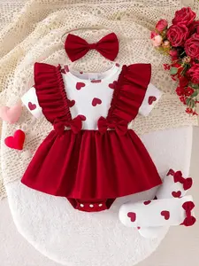 Elegant Baby Girl 4-Piece Set, Cute Bowknot Ruffle Patchwork Dress, Waist Cinch Short Sleeve, Includes Hairband and Decorative Socks