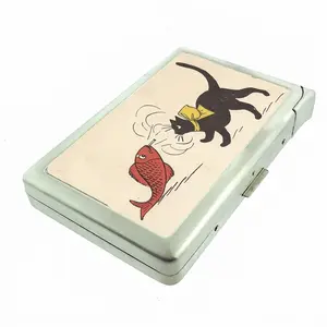 Cat and Fish Illustration Metal Case with Built in Lighter