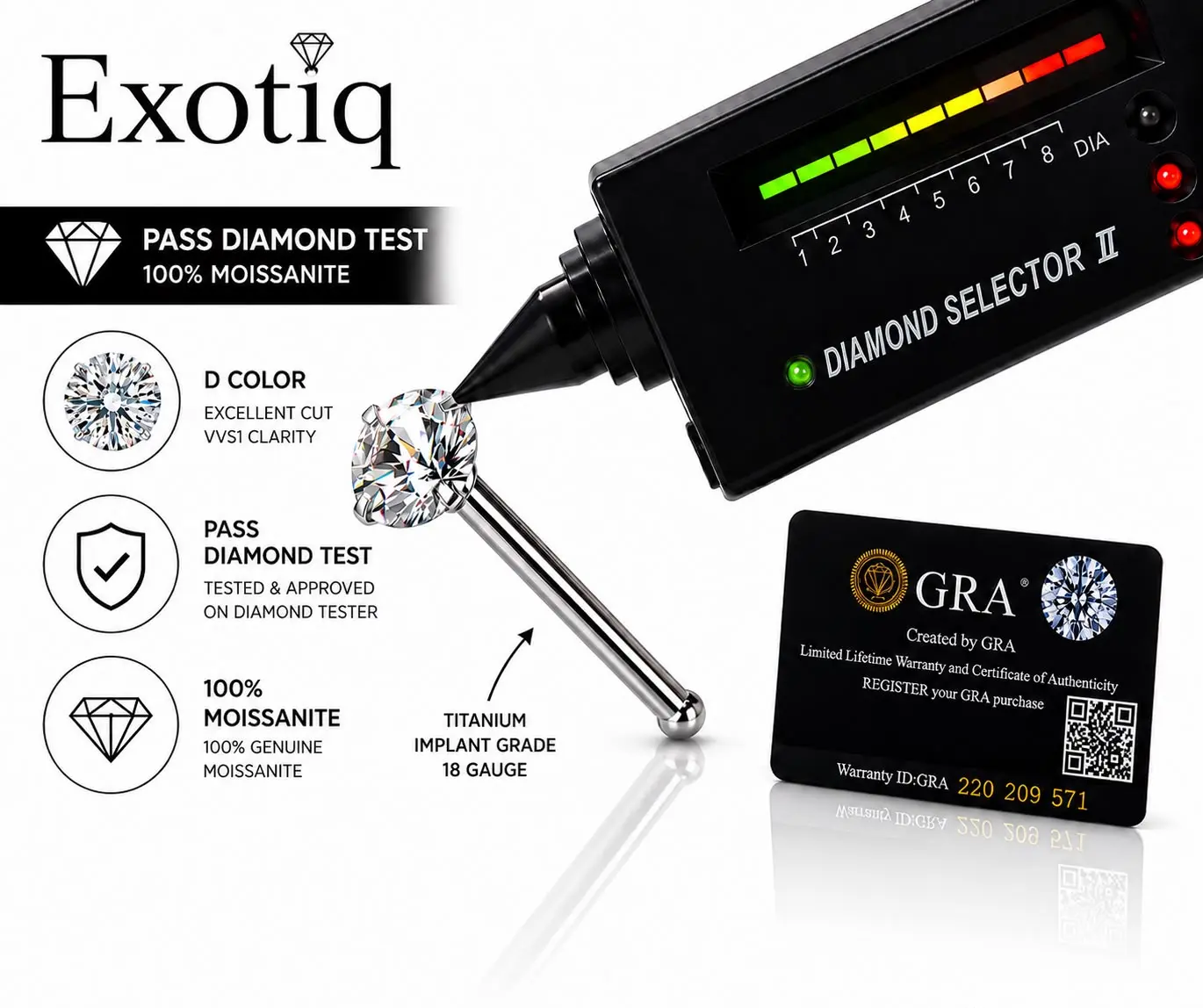 18G Moissanite Titanium Nose Stud-Ring with Ball-End Shape, GRA Authenticity Certificate